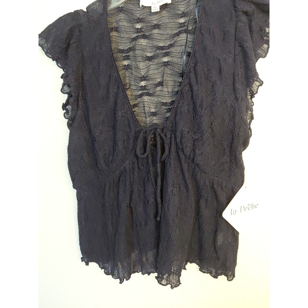 La Peche Womens Navy Sheer Ruffle Peplum Top M New Festival‎ Club Wear  Y2k Boho
